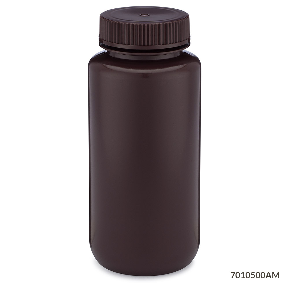 Globe Scientific Bottle, Wide Mouth, HDPE Bottle, Attached PP Screw Cap, Amber, 500mL, 12/Pack Image